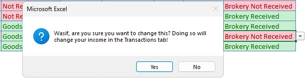 Excel message asking for confirmation before removing the matching income entry