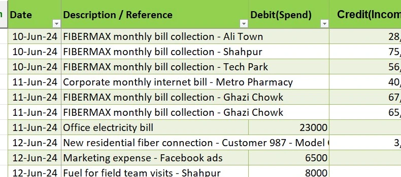 Close-up of the FiberMax transaction sheet showing the date, description, debit and credit fields entered by the user